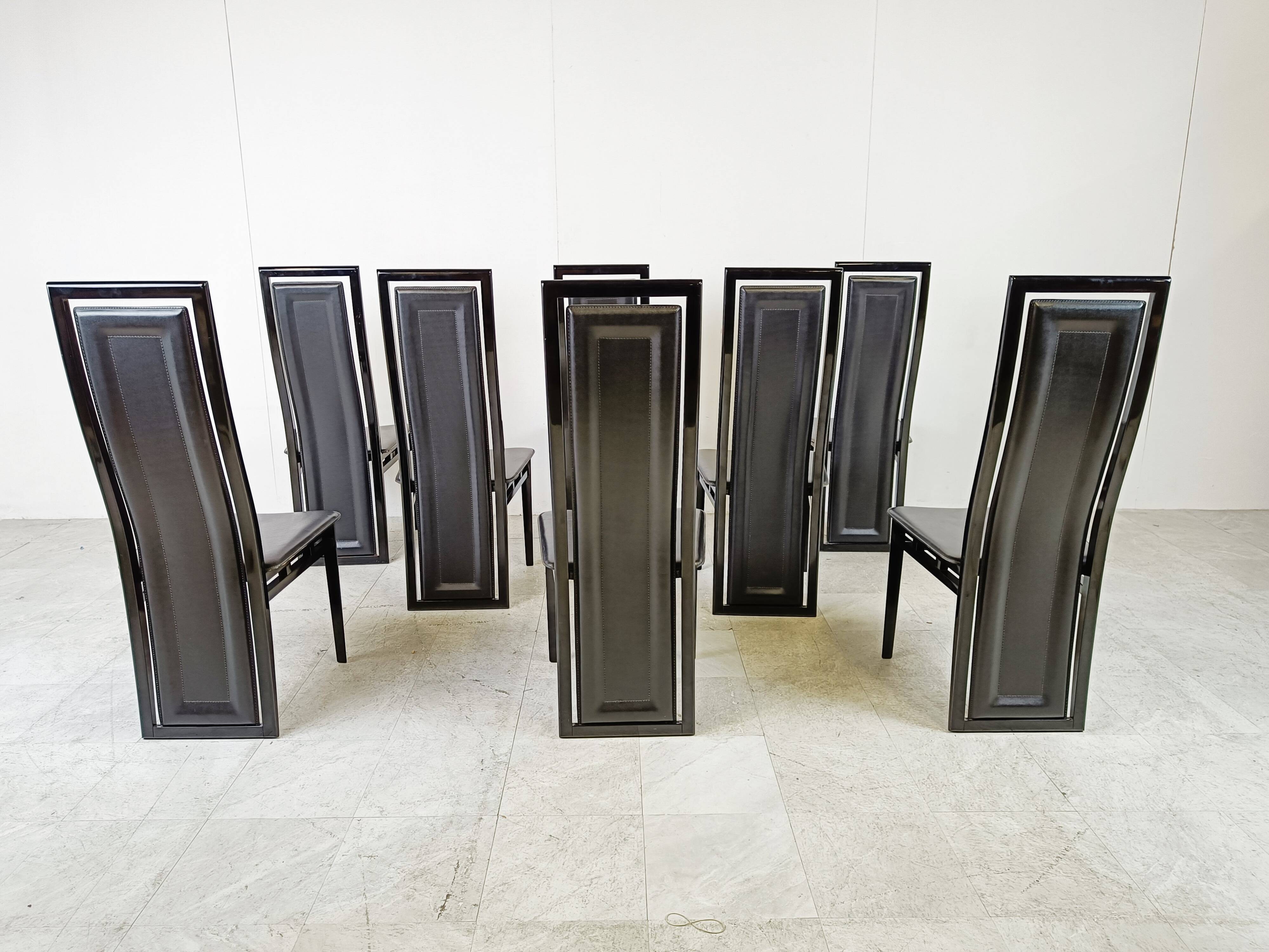 Set of eight Italian lacquered wood and leather modern dining chairs