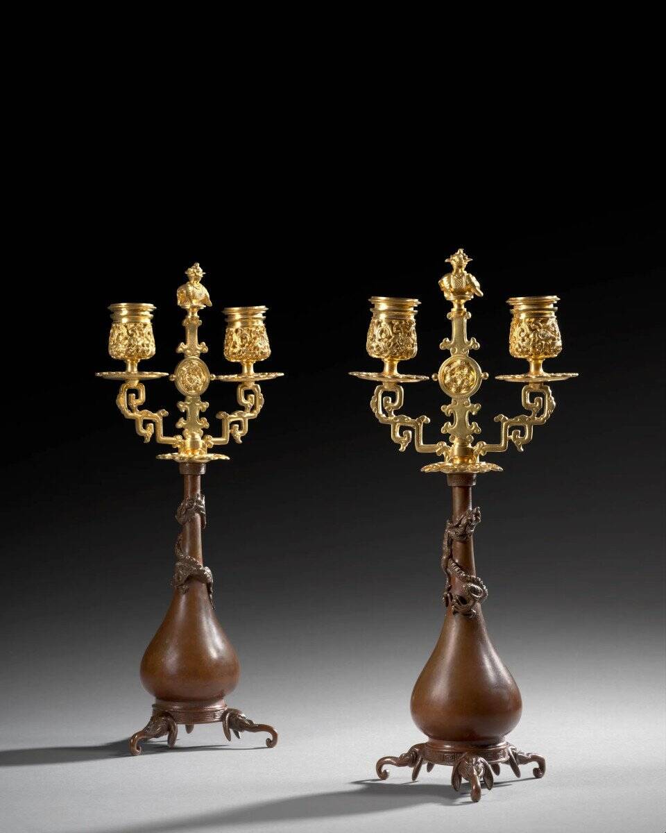 Pair of Japanese-style Candelabra by Ferdinand Barbedienne and Edouard Lievre.