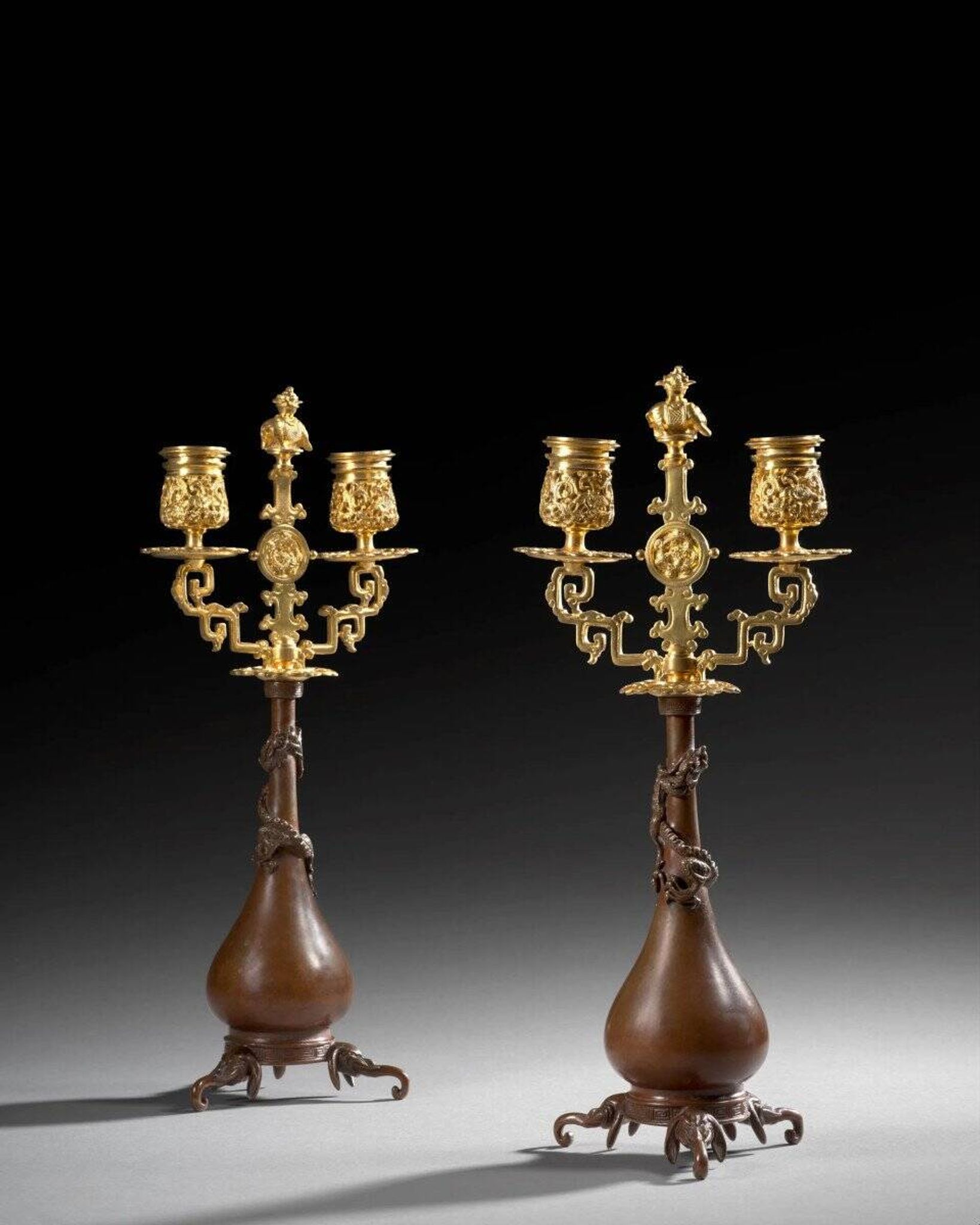 Pair of Japanese-style Candelabra by Ferdinand Barbedienne and Edouard Lievre.