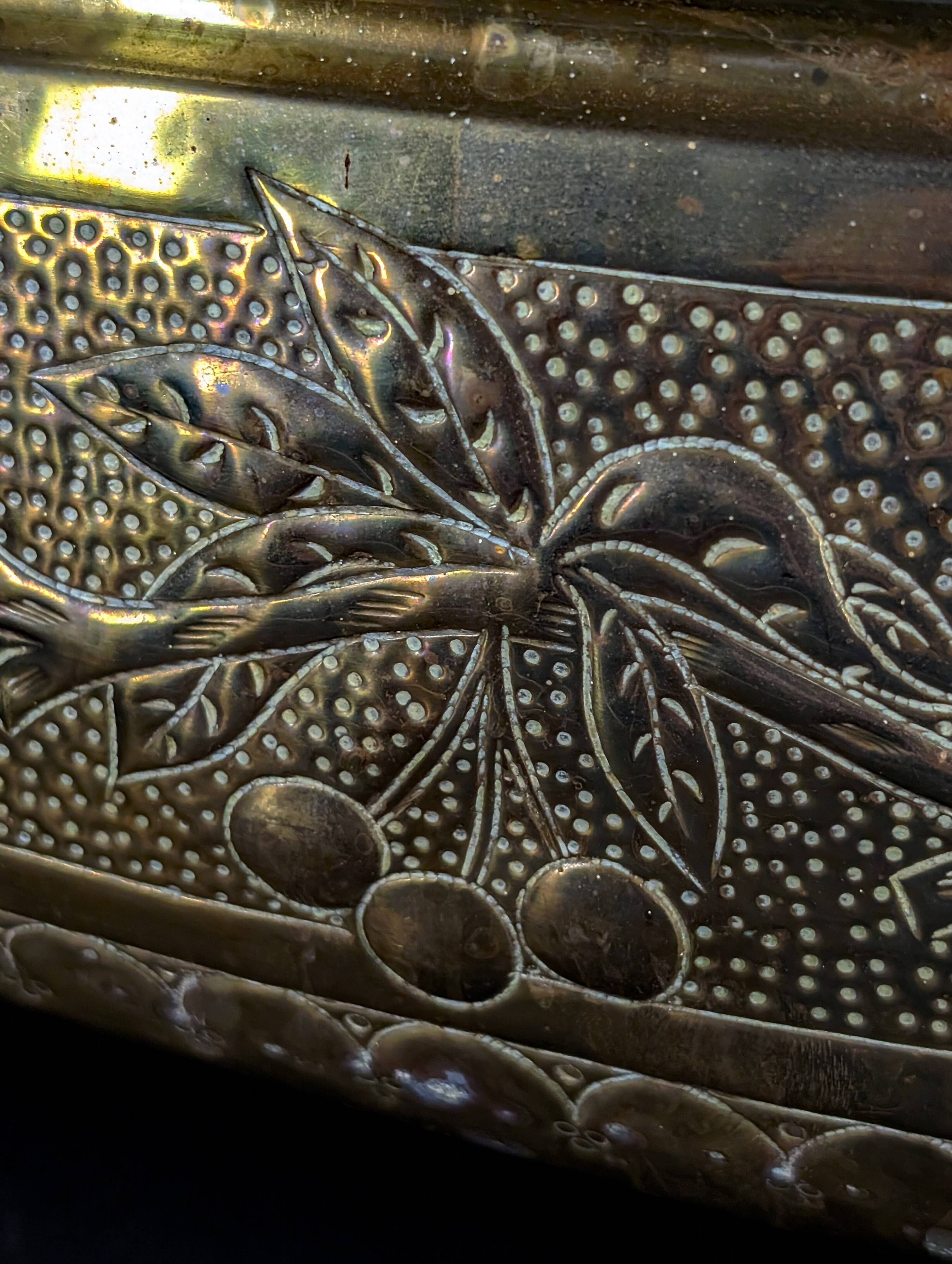 Antique Brass Jardinière – Repoussé Cherry & Leaf Décor – c.1900