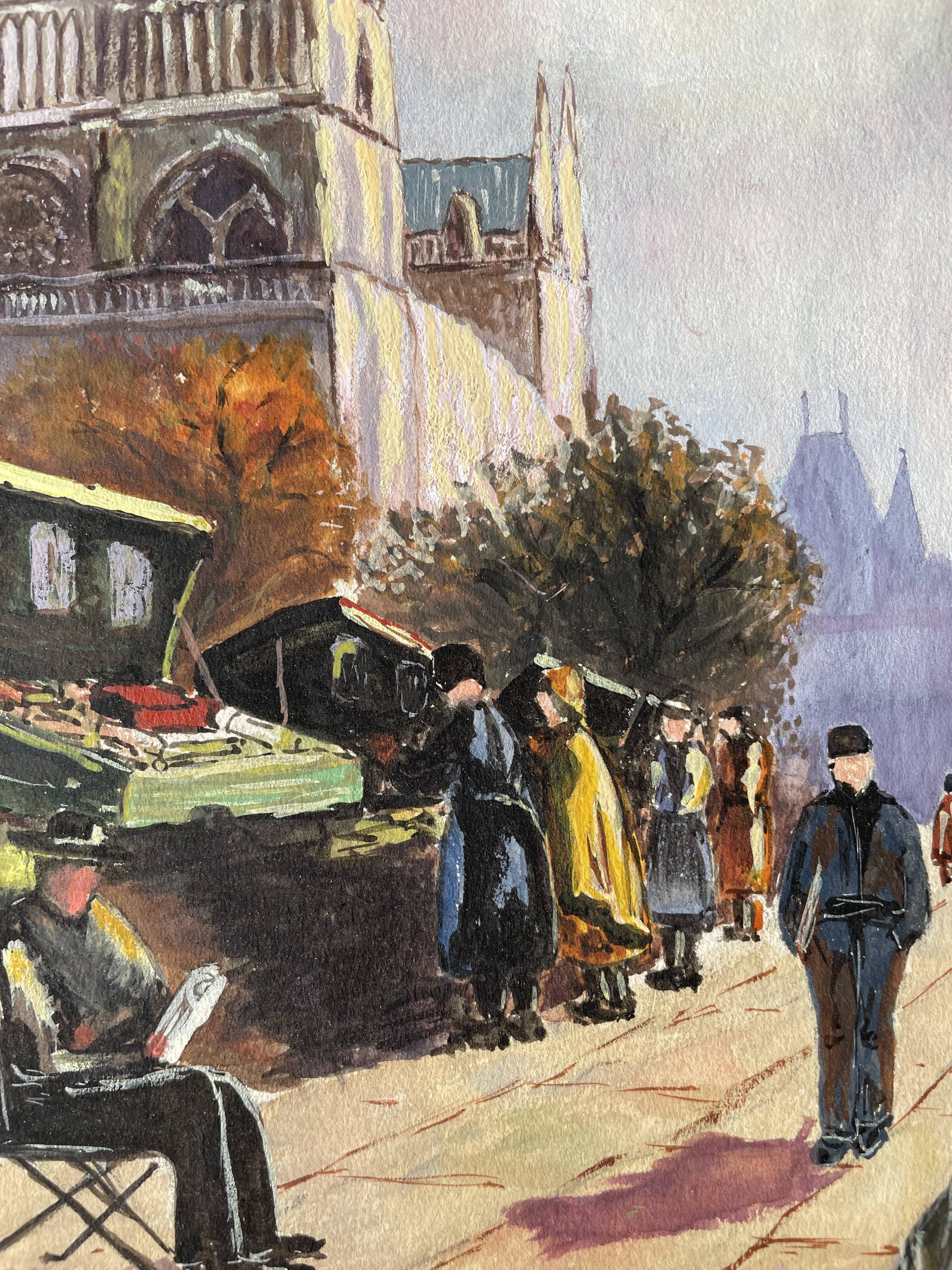 Ancient gouache on paper, Notre Dame de Paris