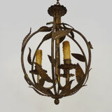 Vintage cage chandelier in aged golden metal and foliage, antique lighting, 3-burner chandelier. Year 60