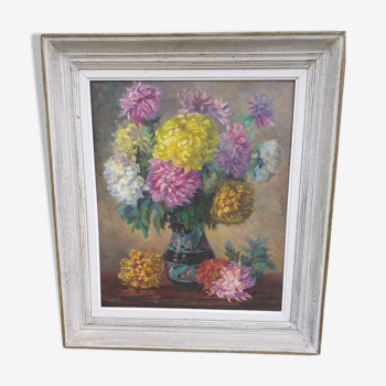 Ancien tableau peinture bouquet de fleurs signé