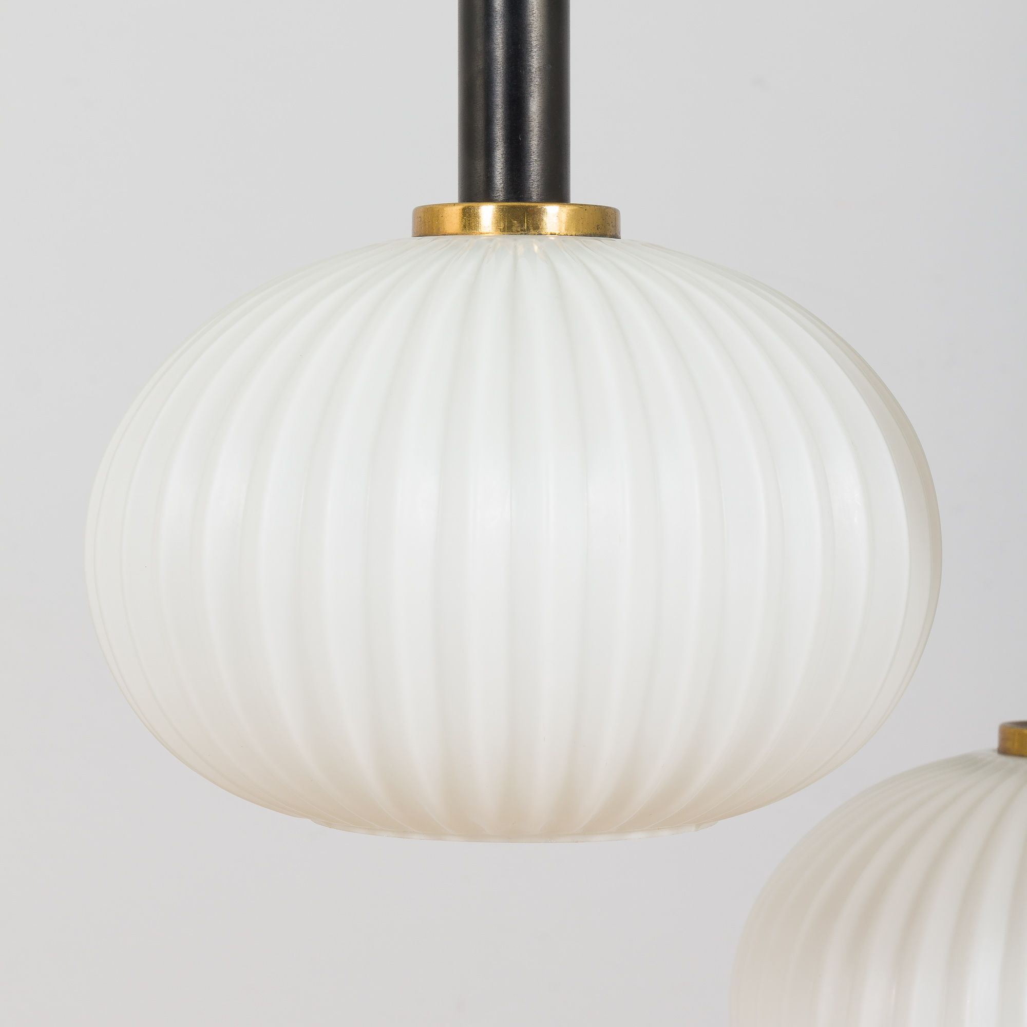 Ribbed glass and teak pendant lamp, 60s.