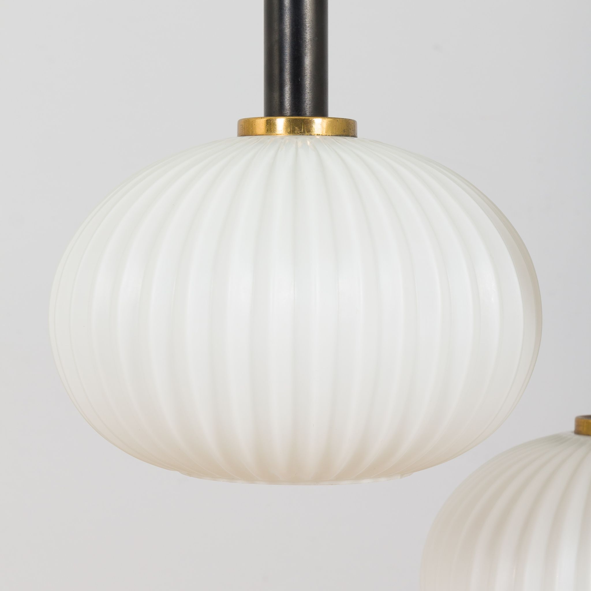 Ribbed glass and teak pendant lamp, 60s.