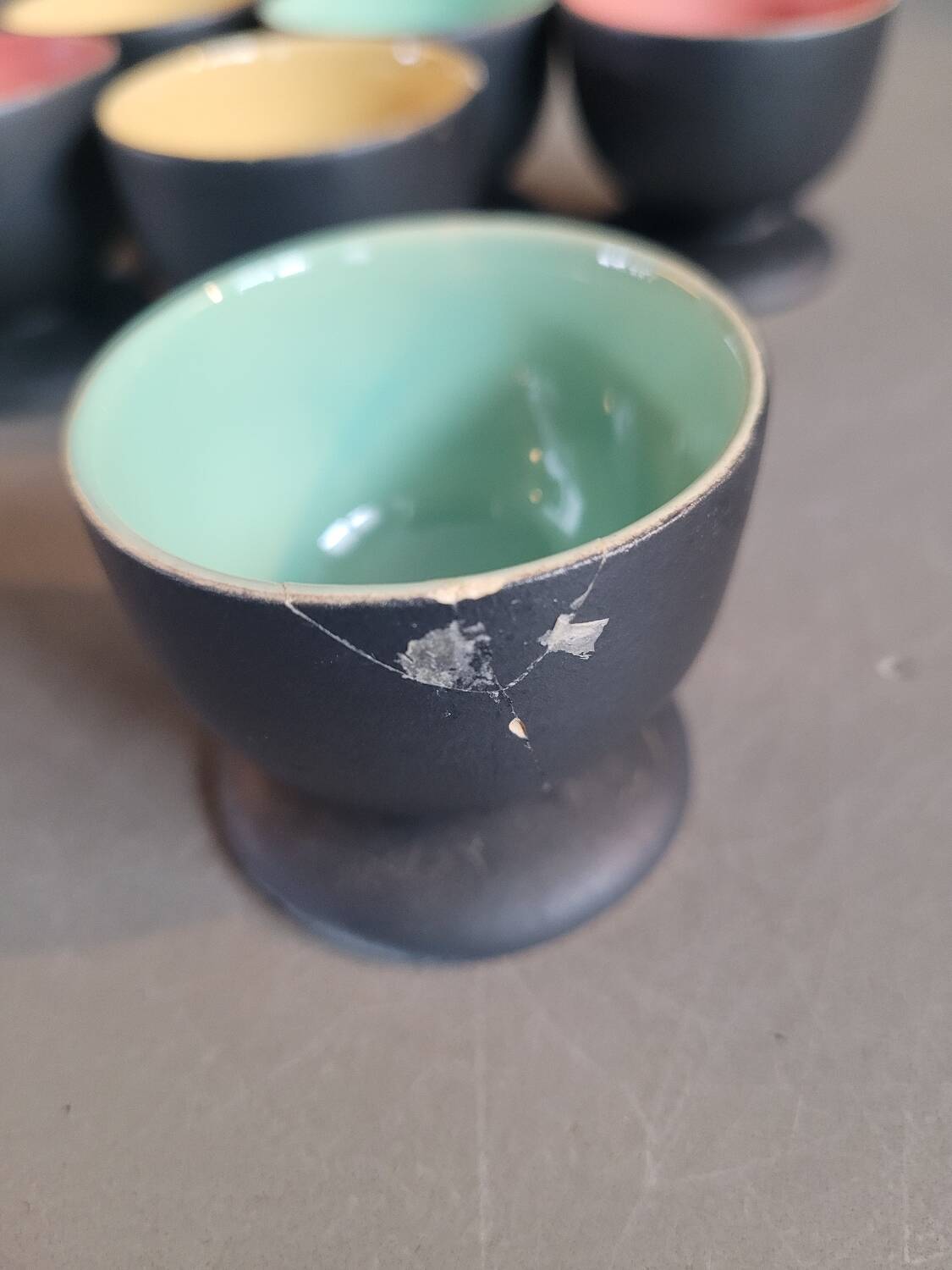 Set of 6 black and colored ceramic egg cups