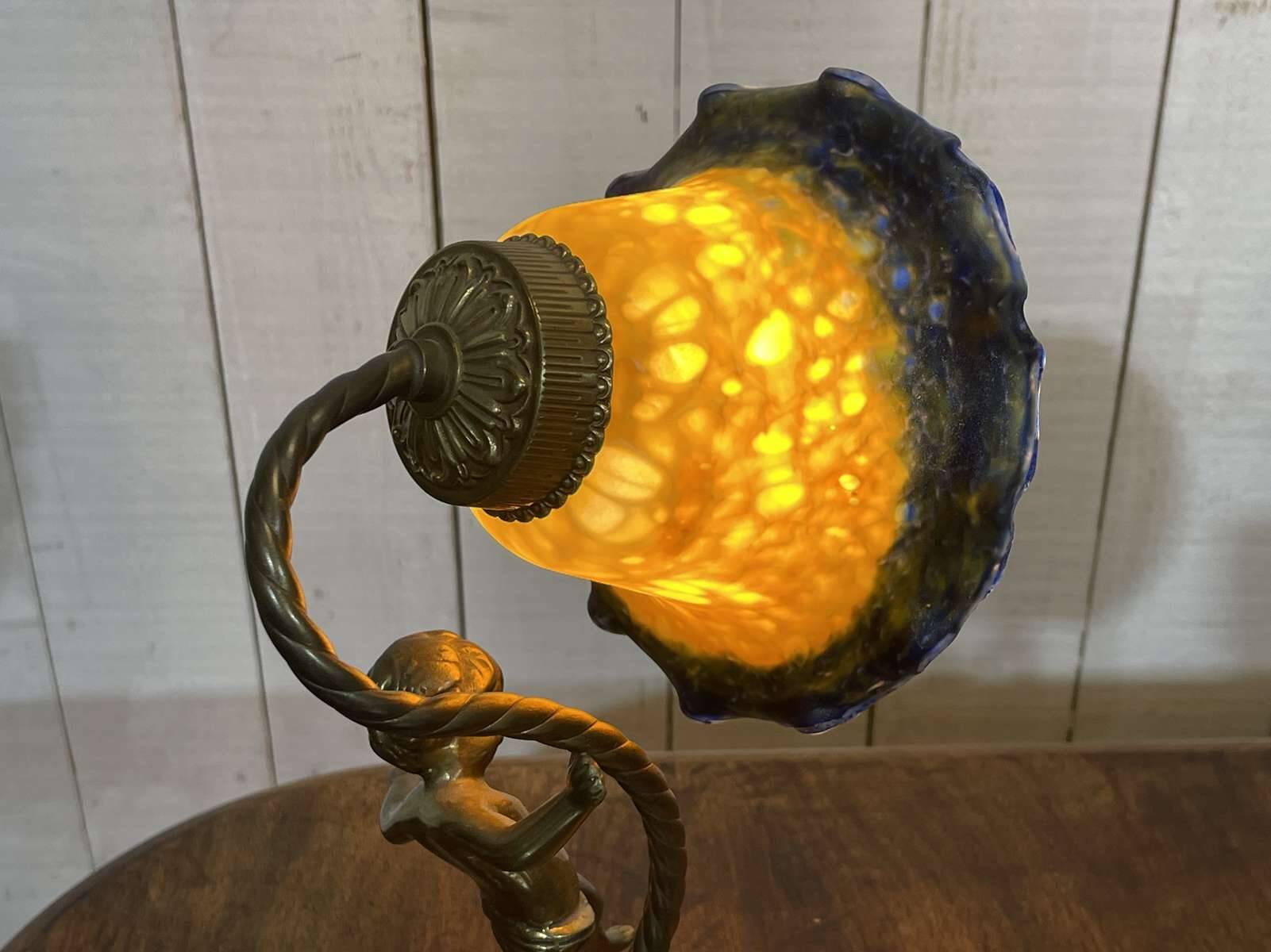Bronze lamp with glass paste shade - work from the 1970s