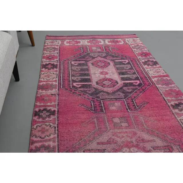Vintage Turkish Hand-Knotted Wool Cotton Pink Runner Rug 104x351