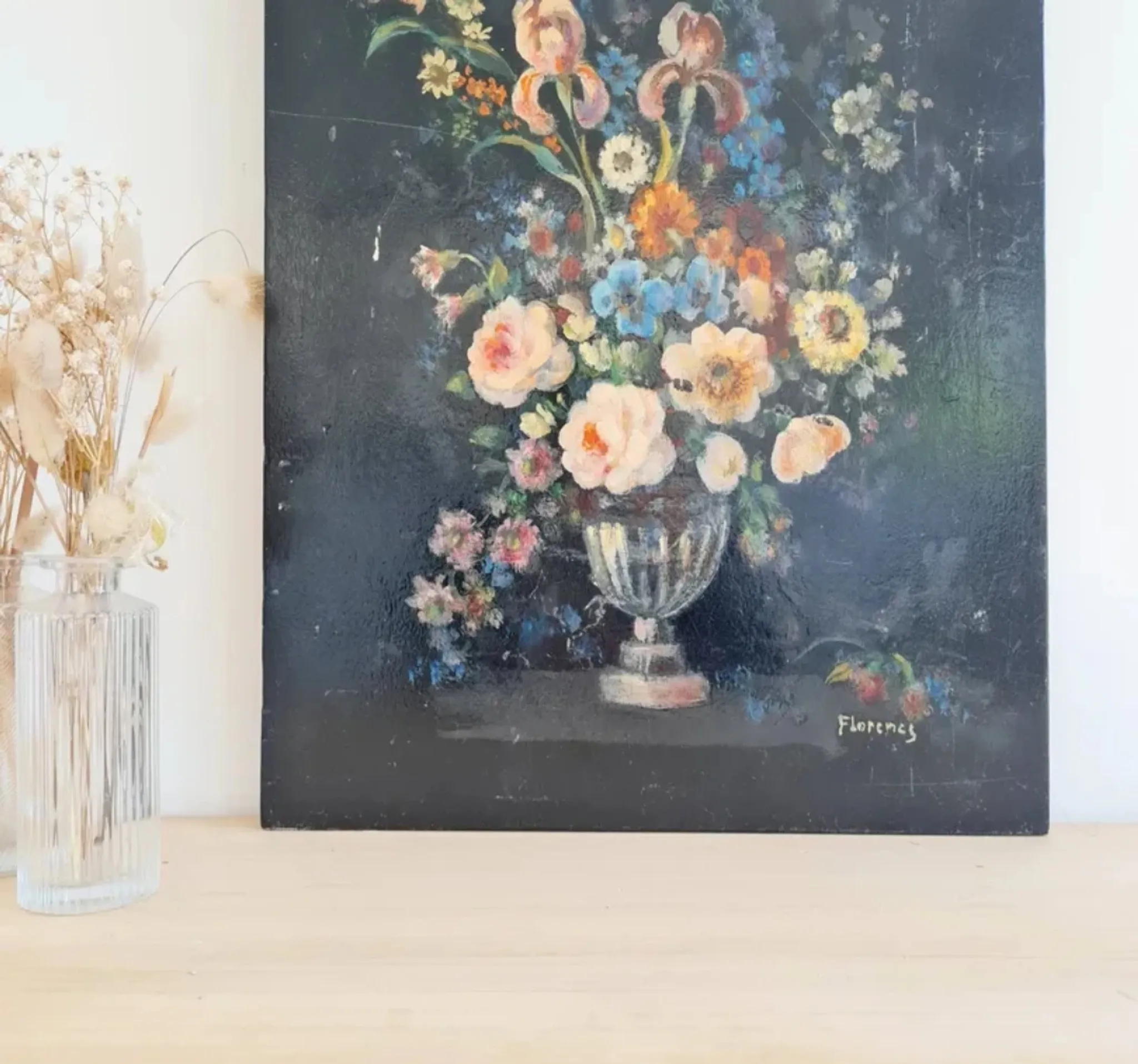Old Table Painting of Flowers on Wood