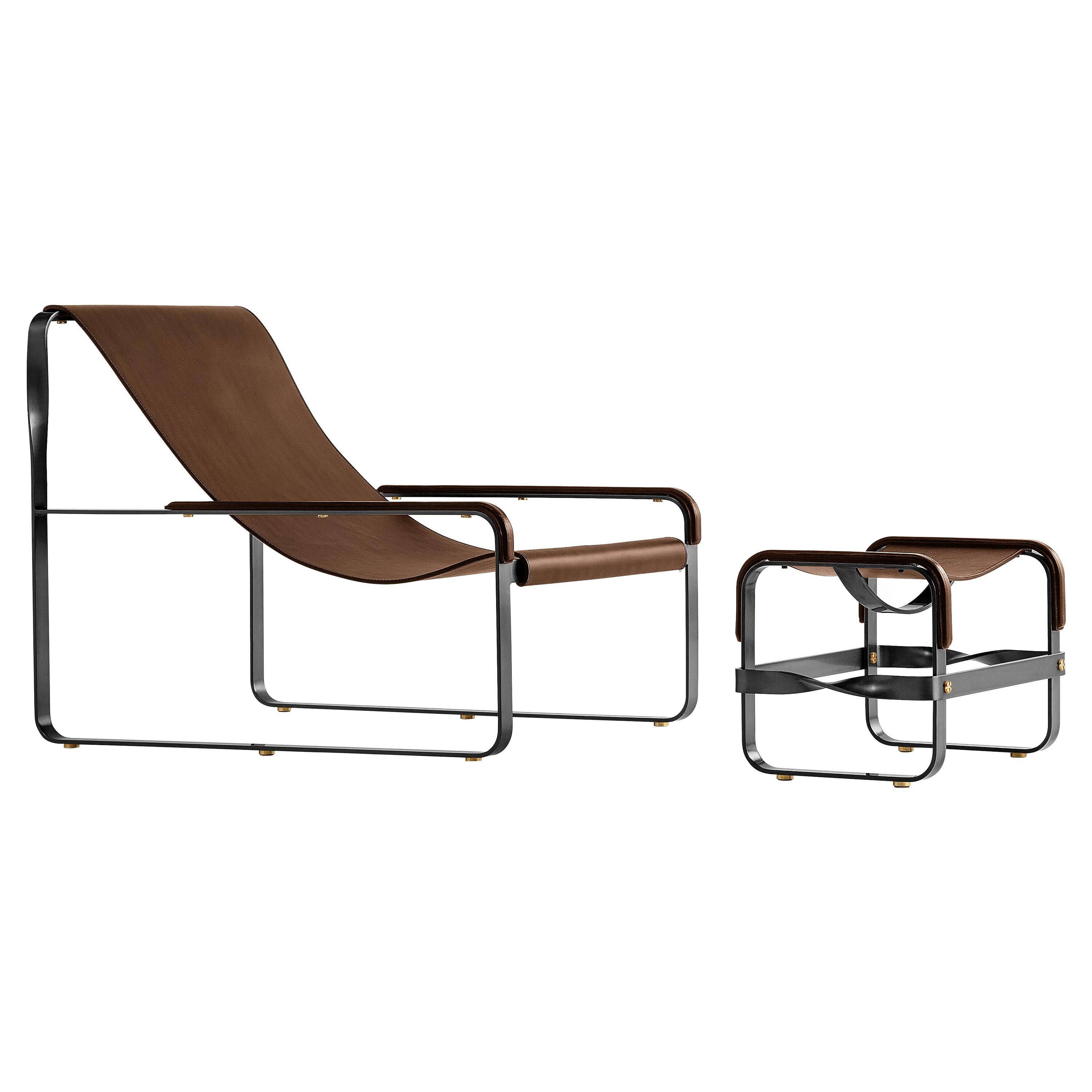 Fauteuil artisanal contemporain en acier noir et cuir marron