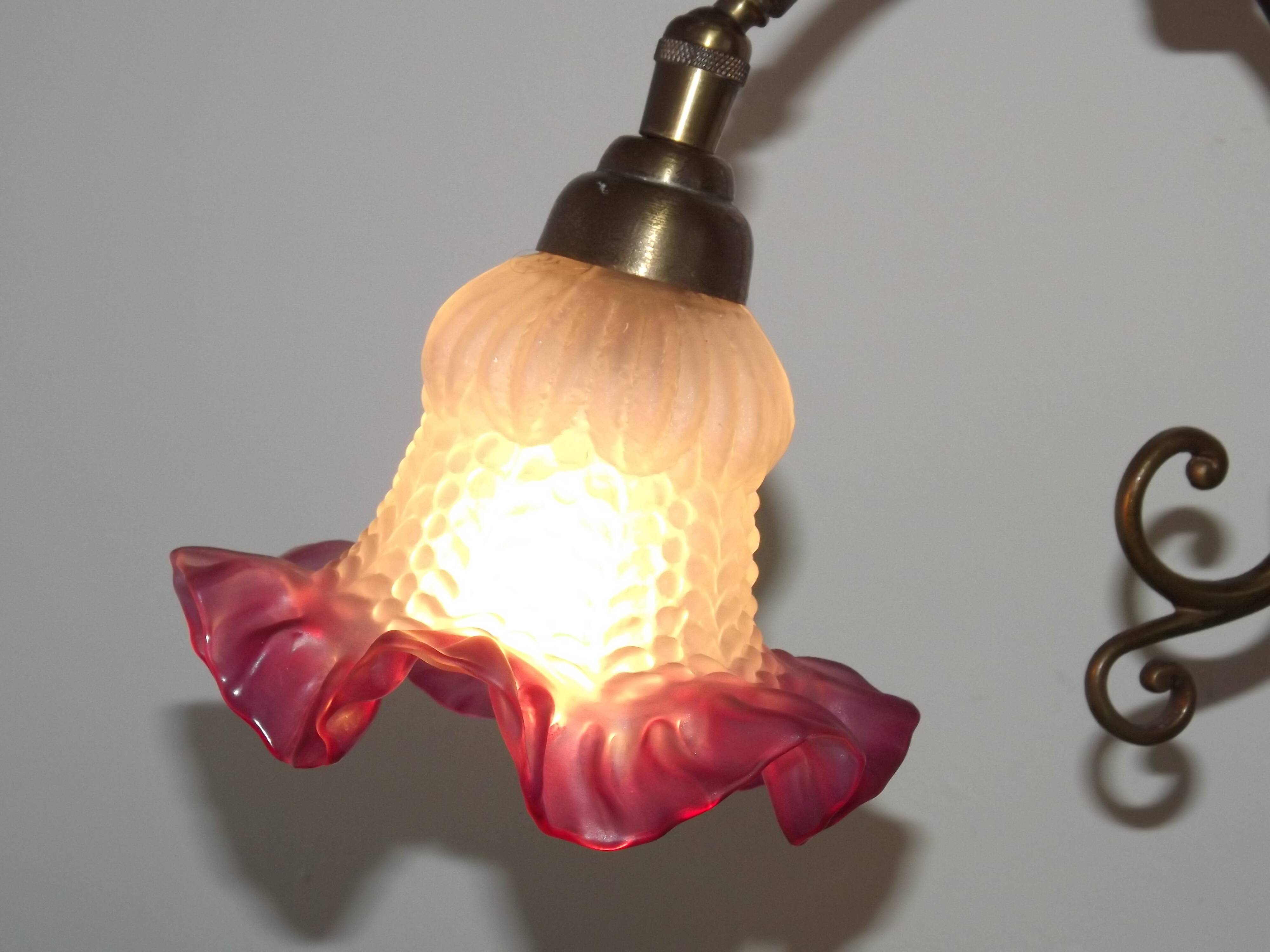 French Antique Brass Anglepoise Table Lamp Patterned Glass Pink Edged Shade 5131