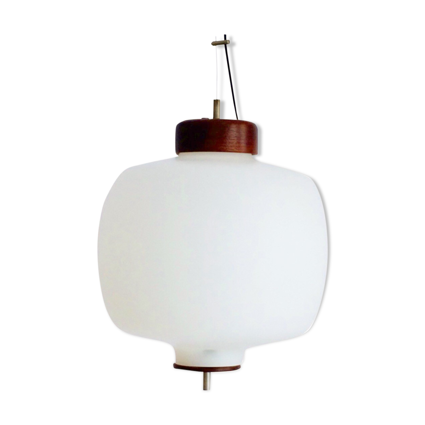 Suspension opaline et teck des années 60
