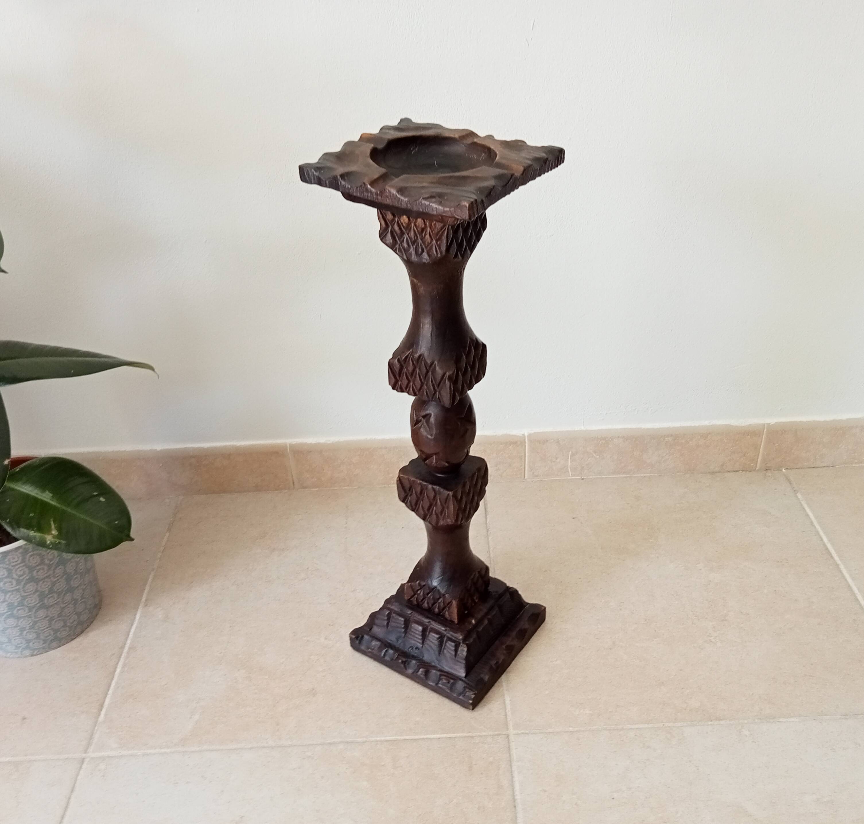 Vintage carved wooden pedestal ashtray