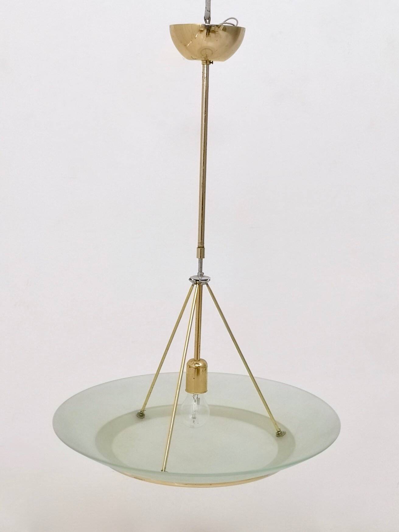 Brass and Aquamarine Etched Glass Bowl Pendant