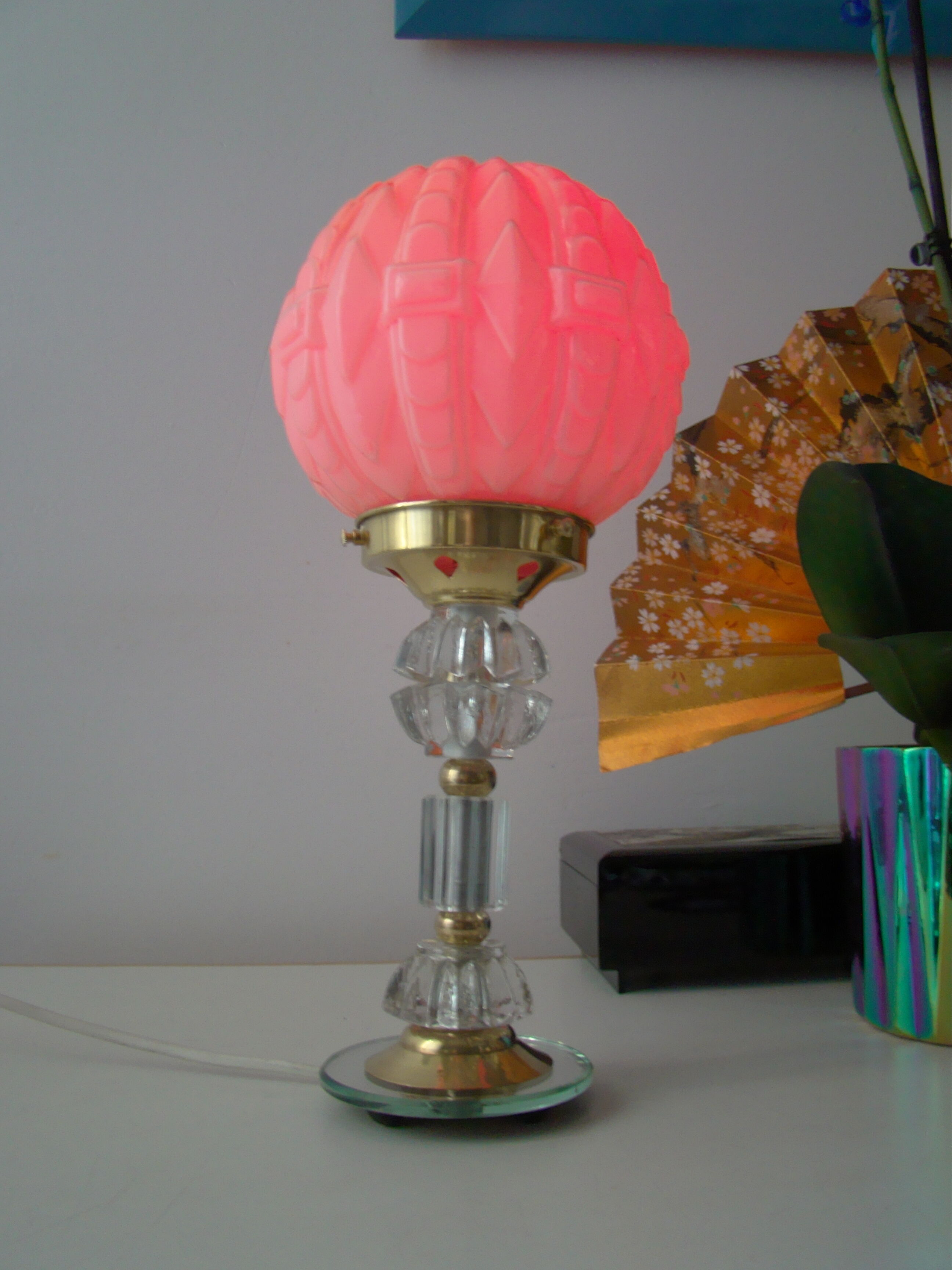 Art Deco lamp pink foot in cut crystal