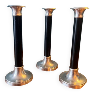 Trio of metal and wood candlesticks from the 80s