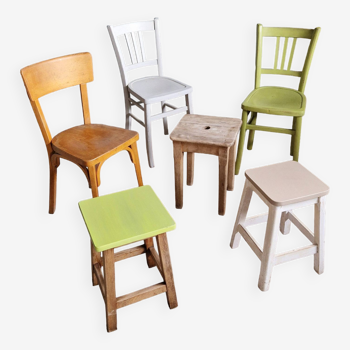 Lot de 3 chaises et 3 tabourets dépareillés