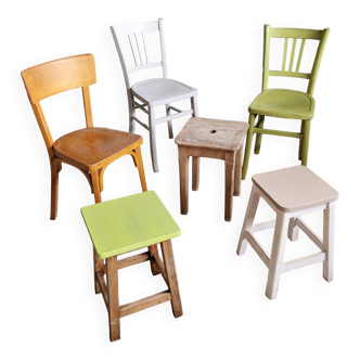 Lot de 3 chaises et 3 tabourets dépareillés