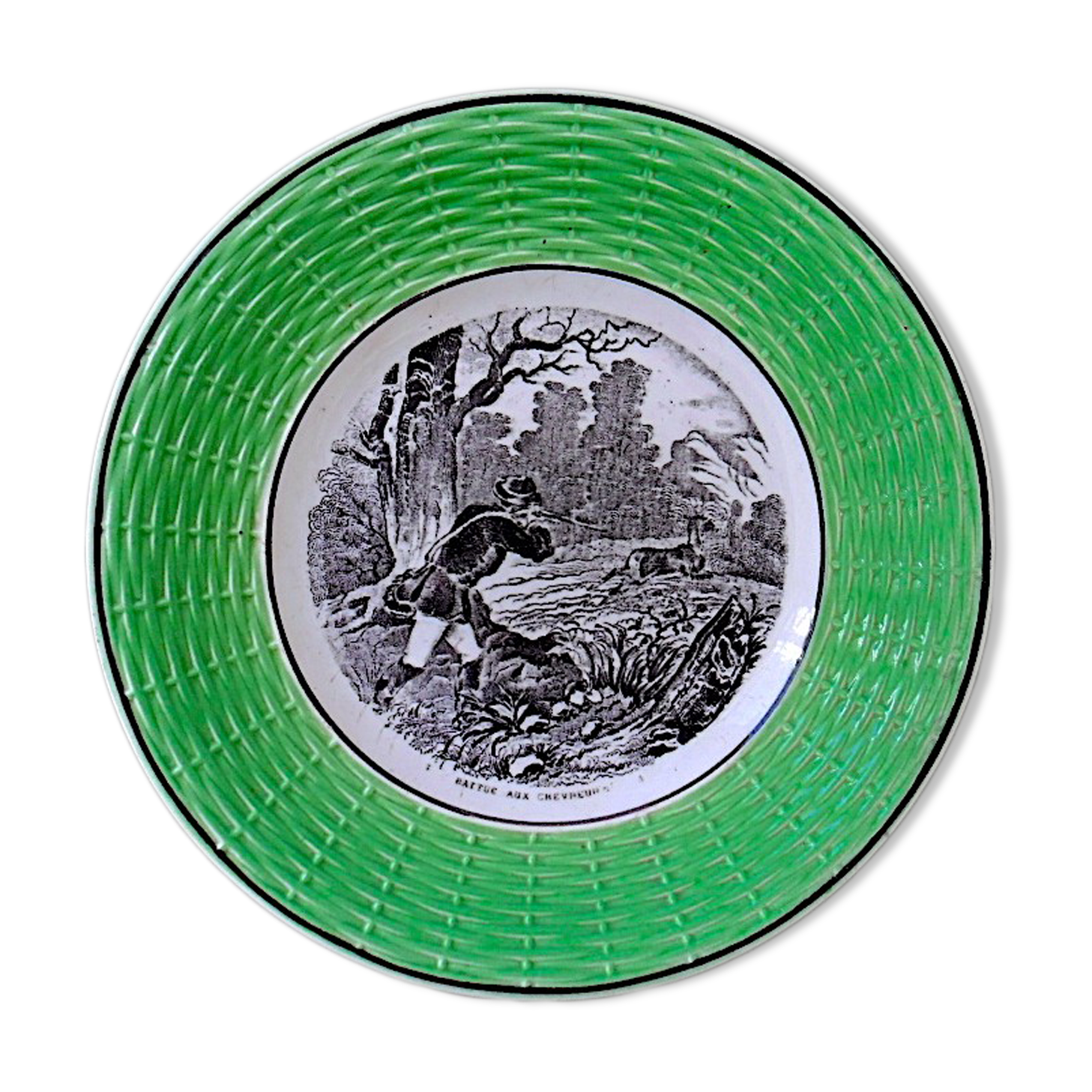 Old plate captioned "Battered with deer", Digoin-&-Sarreguemines