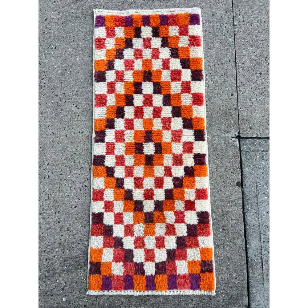 Vintage Handmade Turkish Tulu Rug with Checkered Design. Custom Options Available