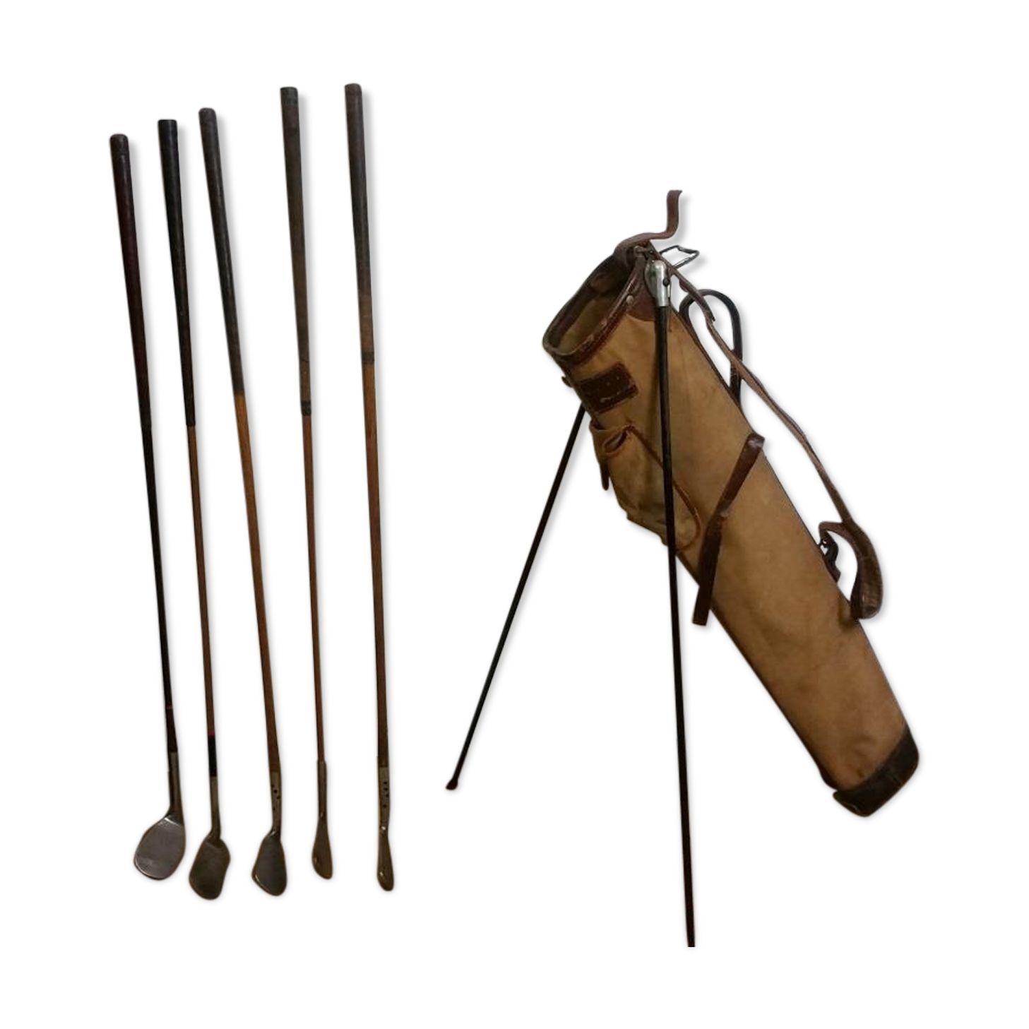 Old golf bag with 5 golf clubs