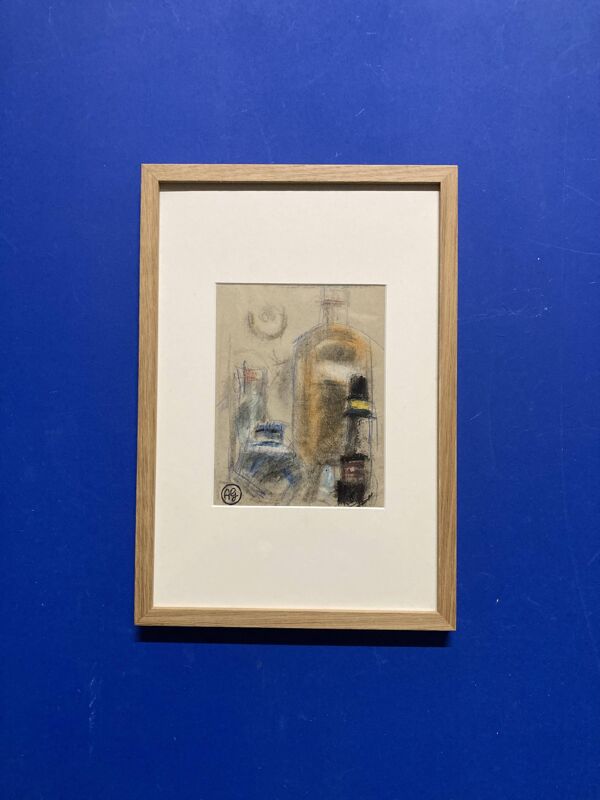 Alfred Gaspart (1900-1993), ''Les Bouteilles'' Nature morte cubiste, dessin au crayon et pastel gras