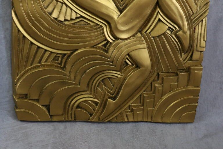 Superb large art deco plaster bas-relief, painted gold after Maurice Picaud, "la dance"