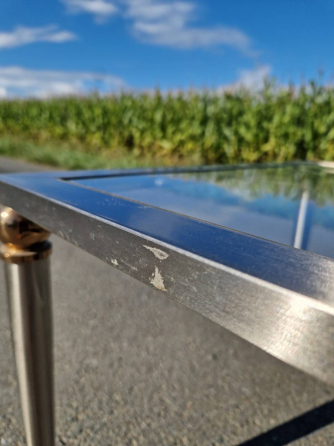 Vintage brushed steel and brass side table, 1970