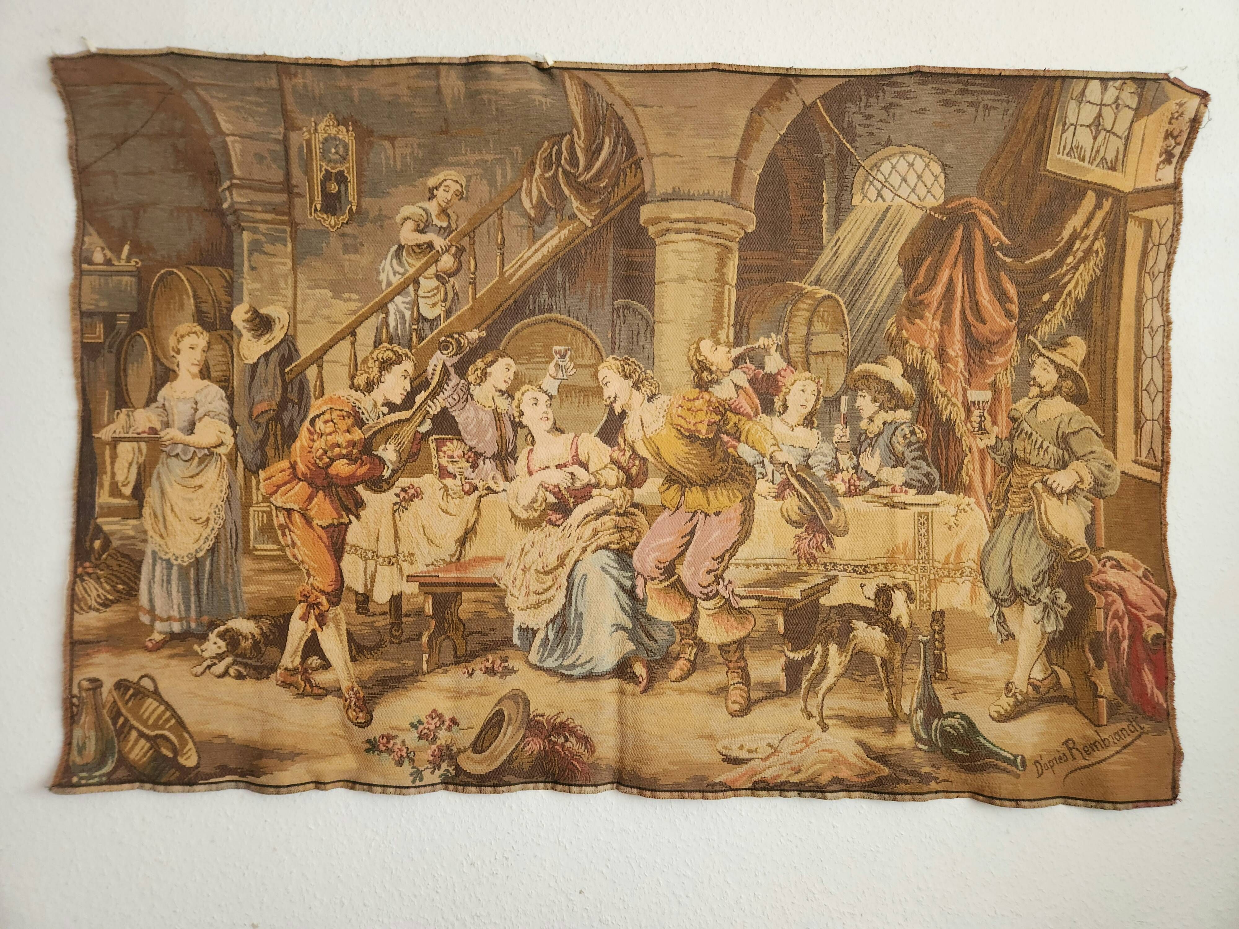 French wall tapestry Gobelin Tapestry "Jolly Men" "After Rembrandt"