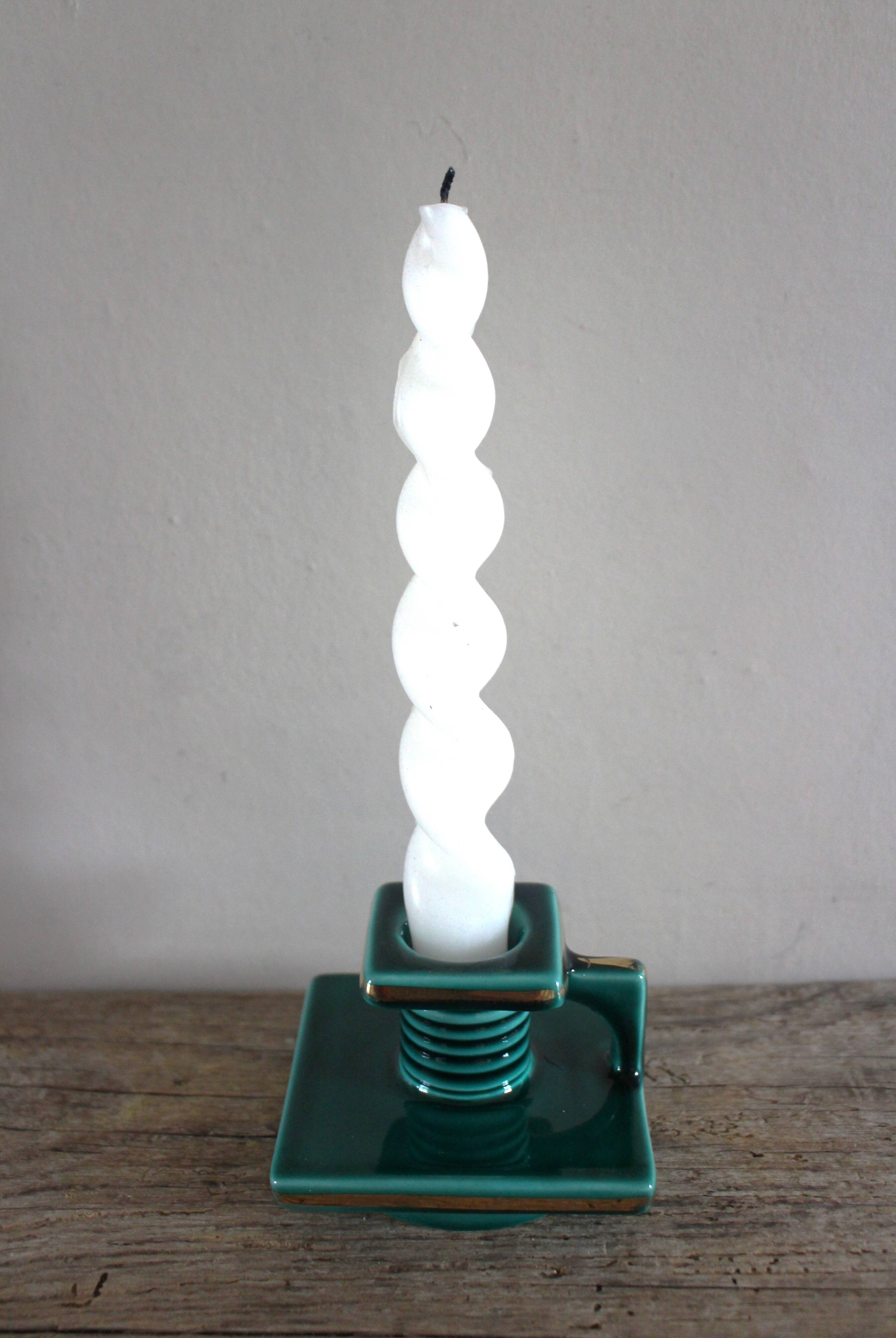 Cave rat candlestick, green earthenware with gilding from the 1950s.