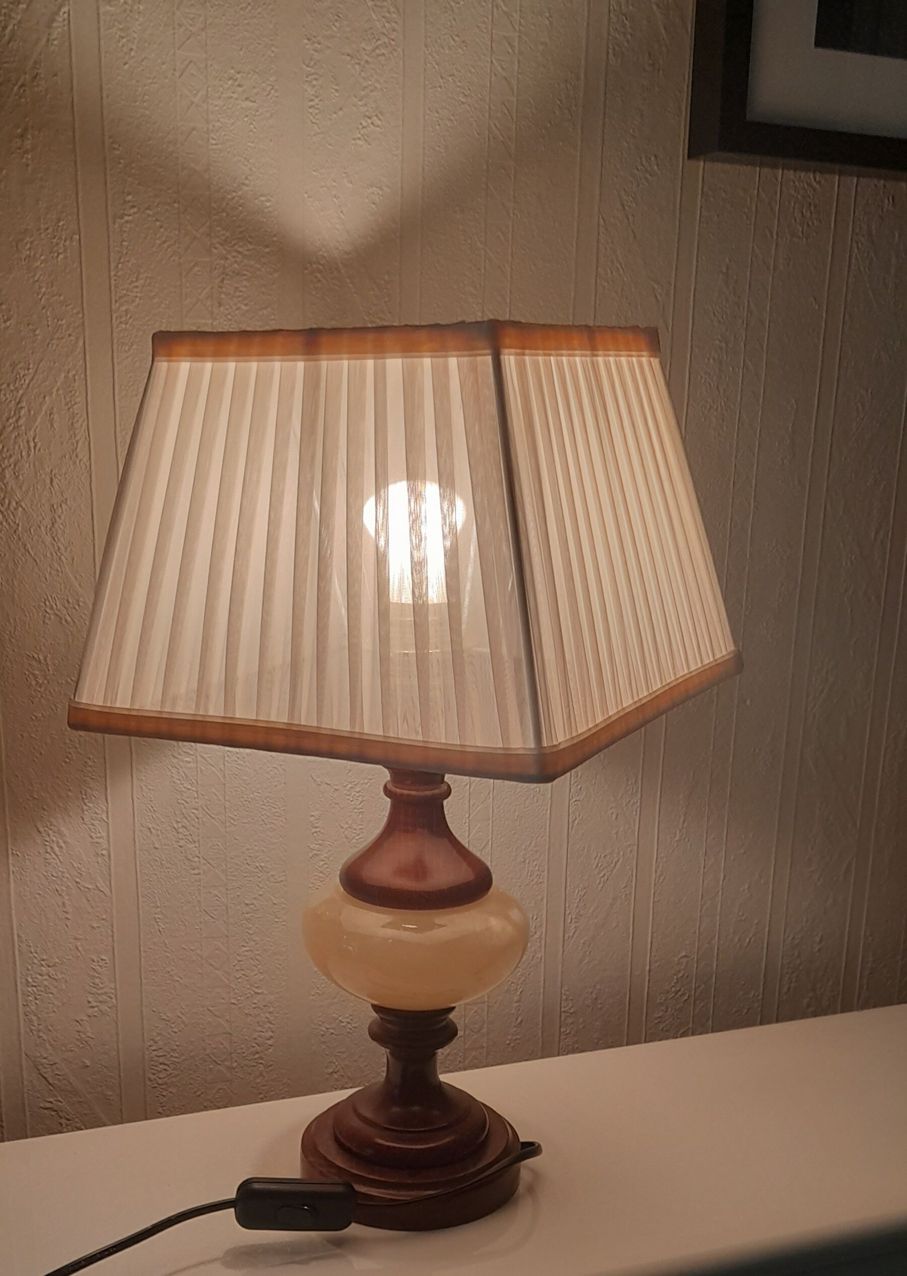 Table lamp foot turned wood and alabaster, round ecru lampshade, 50s