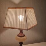 Table lamp foot turned wood and alabaster, round ecru lampshade, 50s