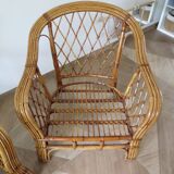 Vintage - lot de 2 fauteuils en bambou et rotin tressé avec coussins- couleur naturel - Années 80