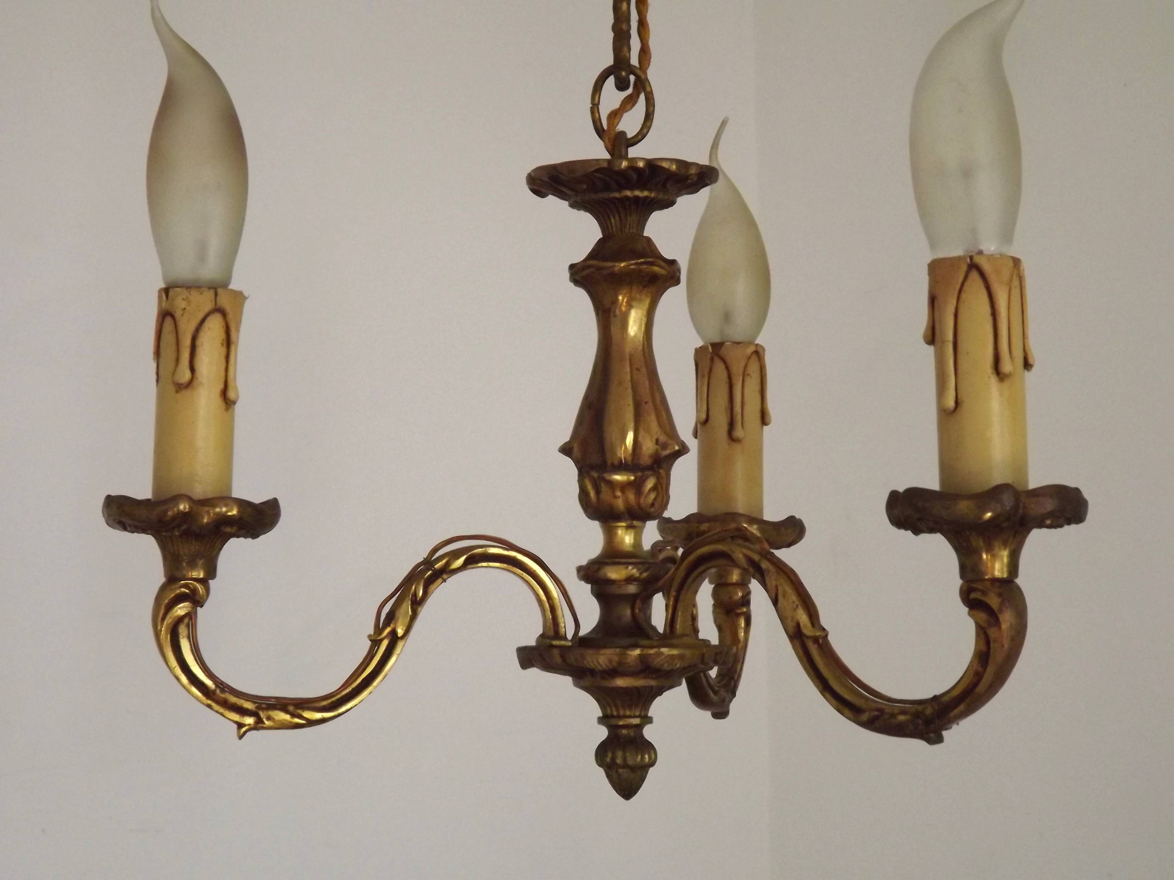 French Antique Art Nouveau Style 3-Light Quality Bronze Chandelier