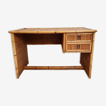 Desk, 60s, Dal vera, bamboo and wicker, brass handles