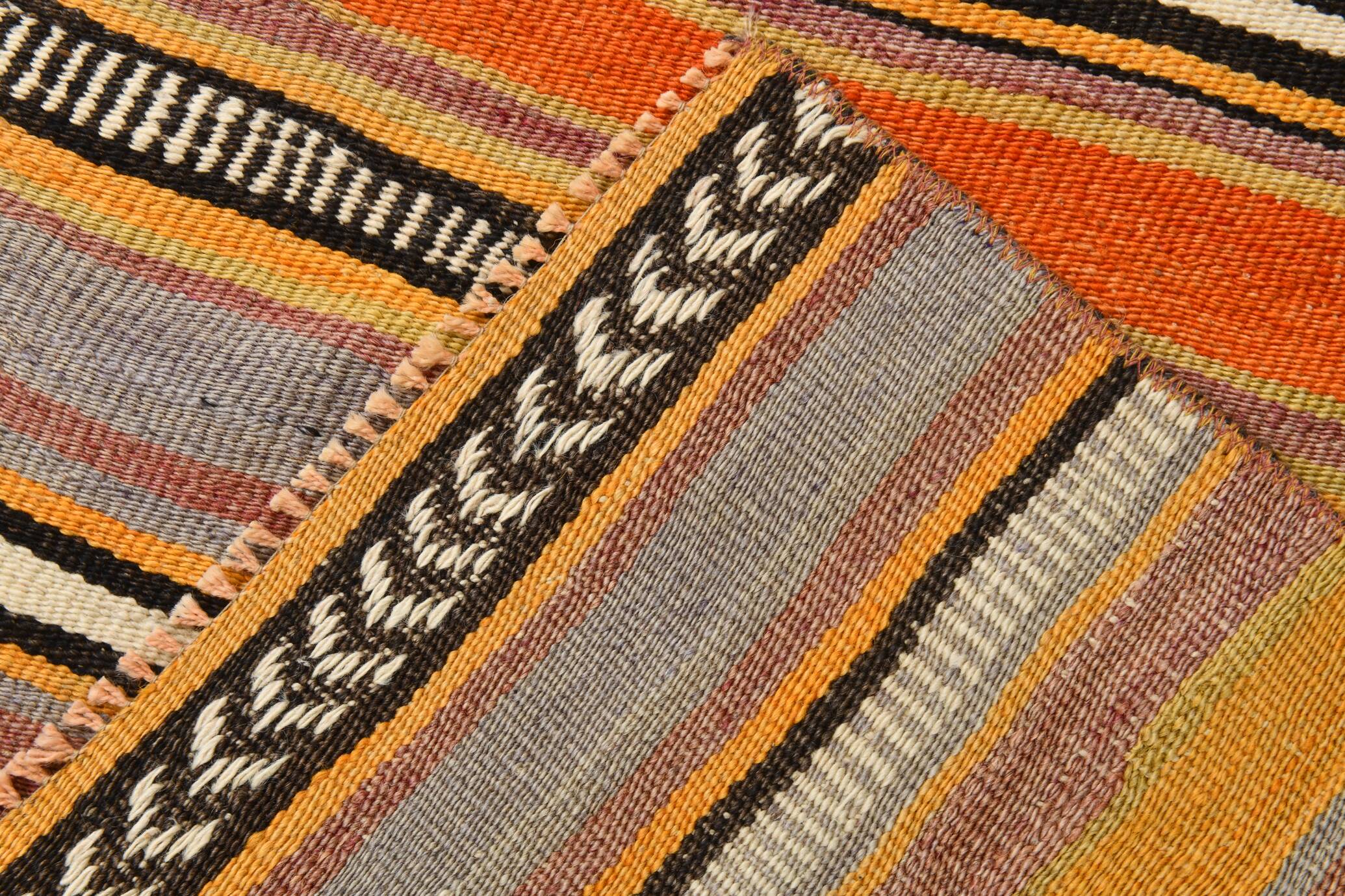 2x10 Pistriped Orange & Green Vintage Kilim Runner Rug, 69x325Cm