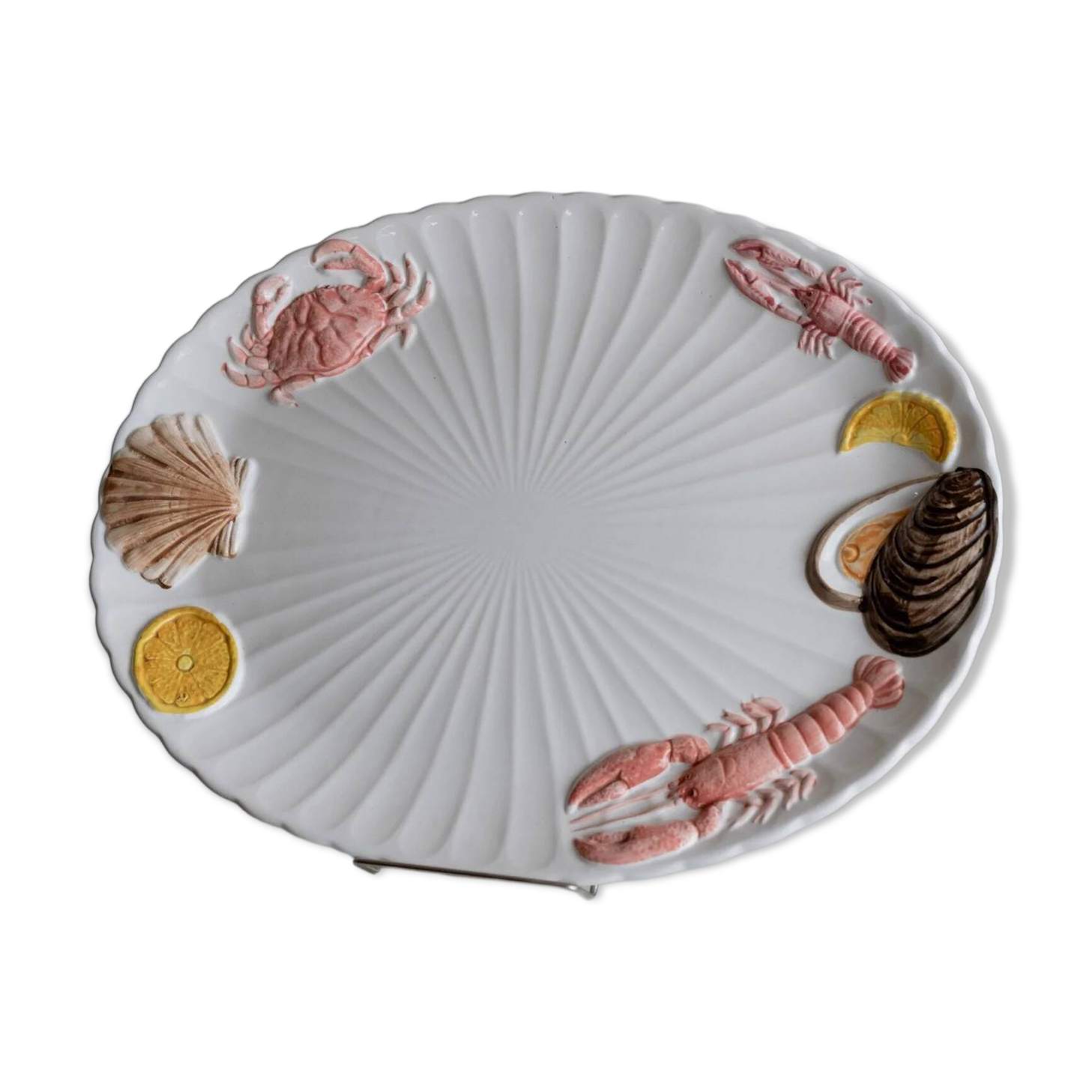 XL White Ceramic Oval Seafood Plate, 1980s Japan, Hand-Painted Relief, Vintage Decor