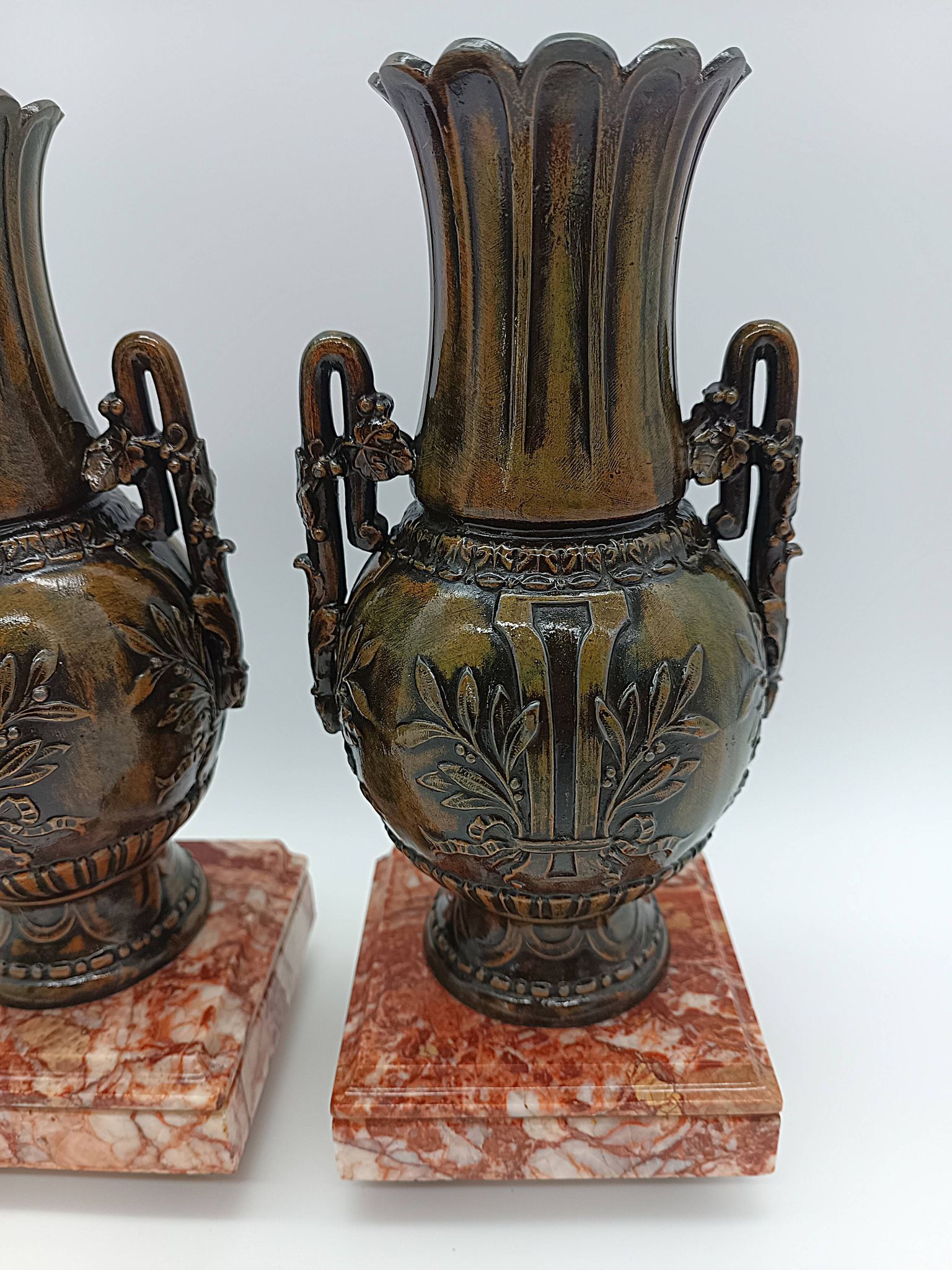 Pair of Antique Cassolettes Vases Louis XVI Style Regule & Red Marble 19