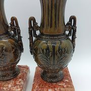 Pair of Antique Cassolettes Vases Louis XVI Style Regule & Red Marble 19