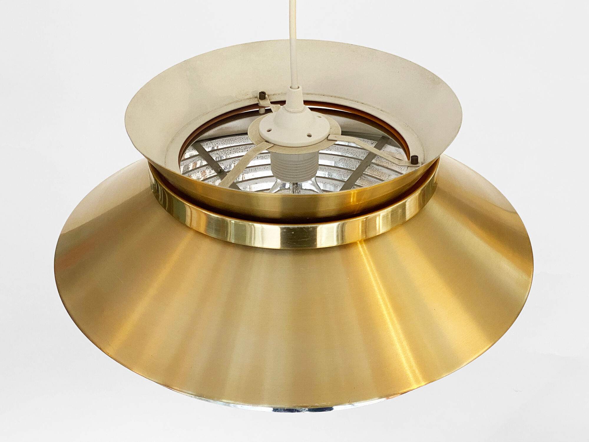 Brass colored aluminium pendant light by Carl Thore for Granhaga Metall. Sweden 1970s.
