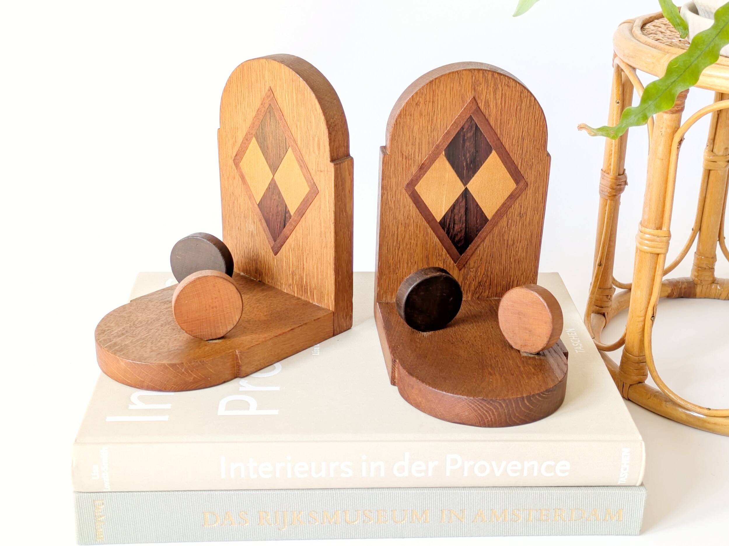 Pair of vintage wooden bookends, checkerboard pattern, 1950s