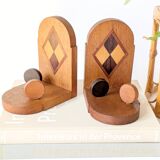 Paire de serre-livres vintage en bois, motif damier, années 50