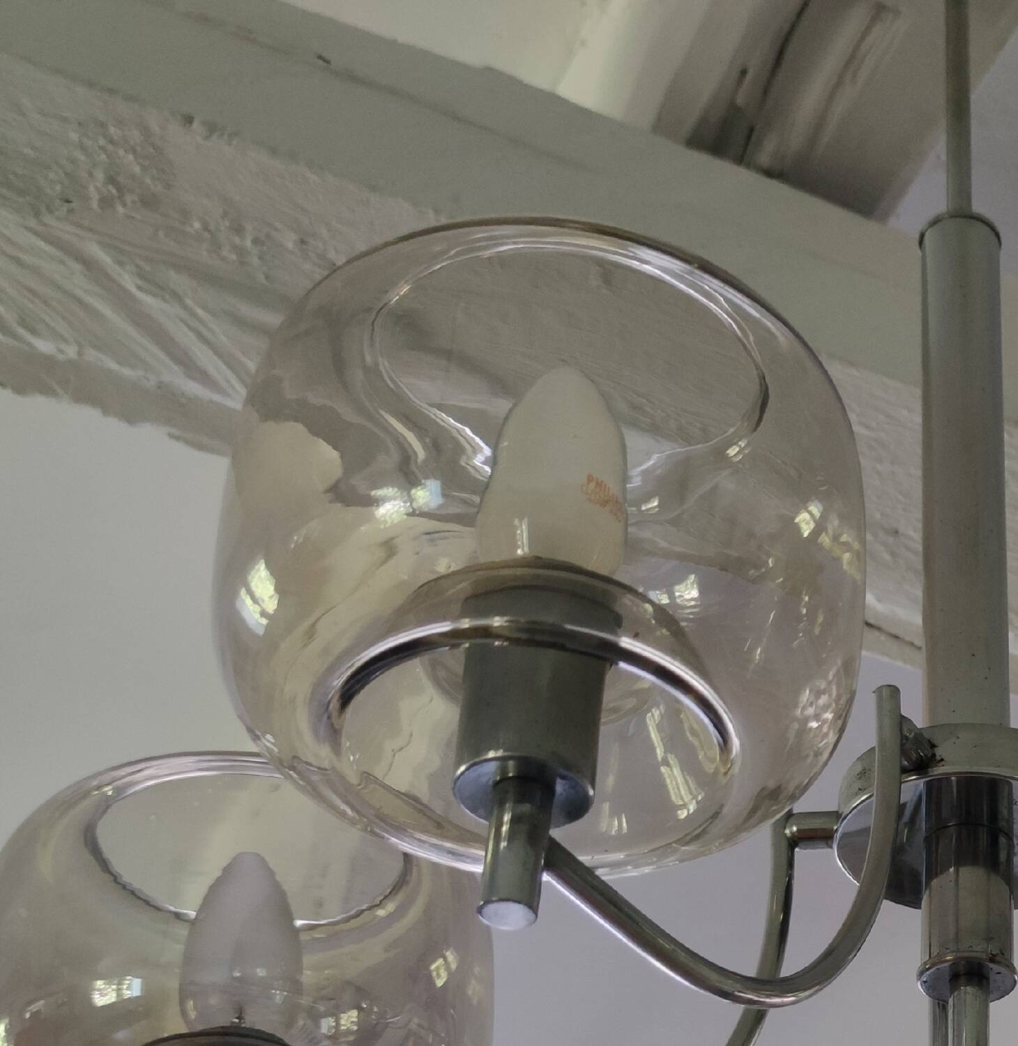 70s chandelier, smoked glass globes, 5 lights