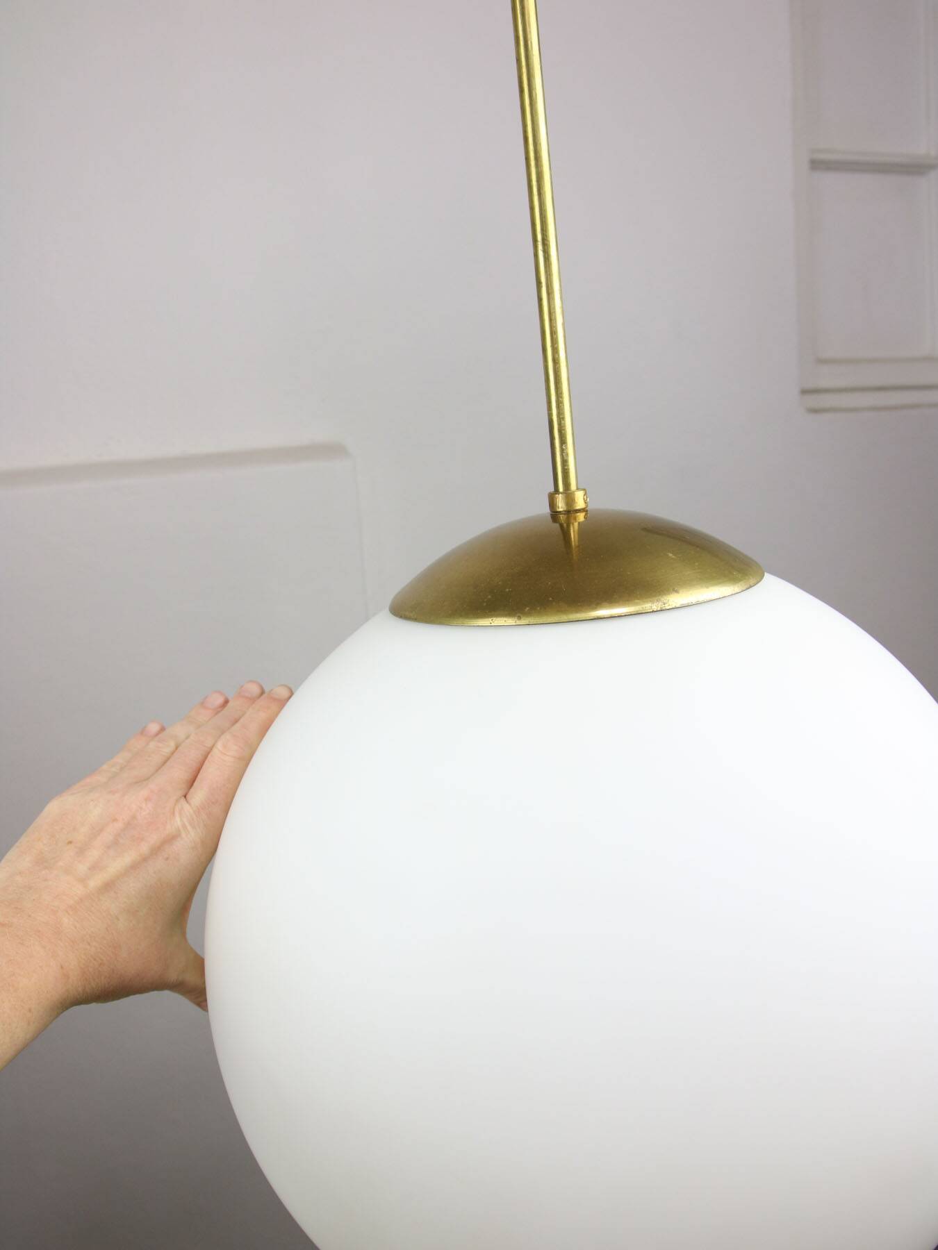Large mid-century italian opaline & brass sphere pendant lamp