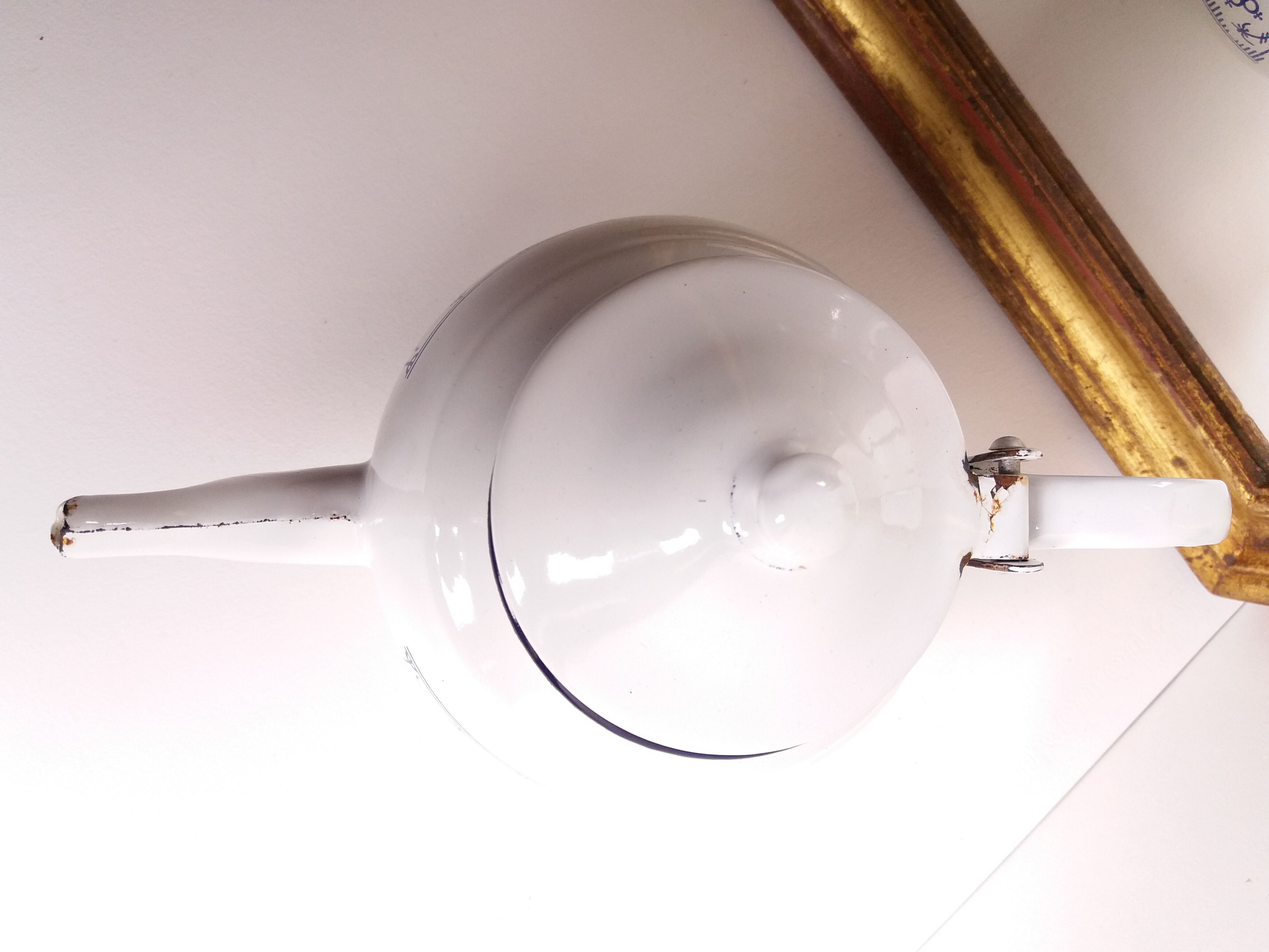 Teapot enamel white and blue