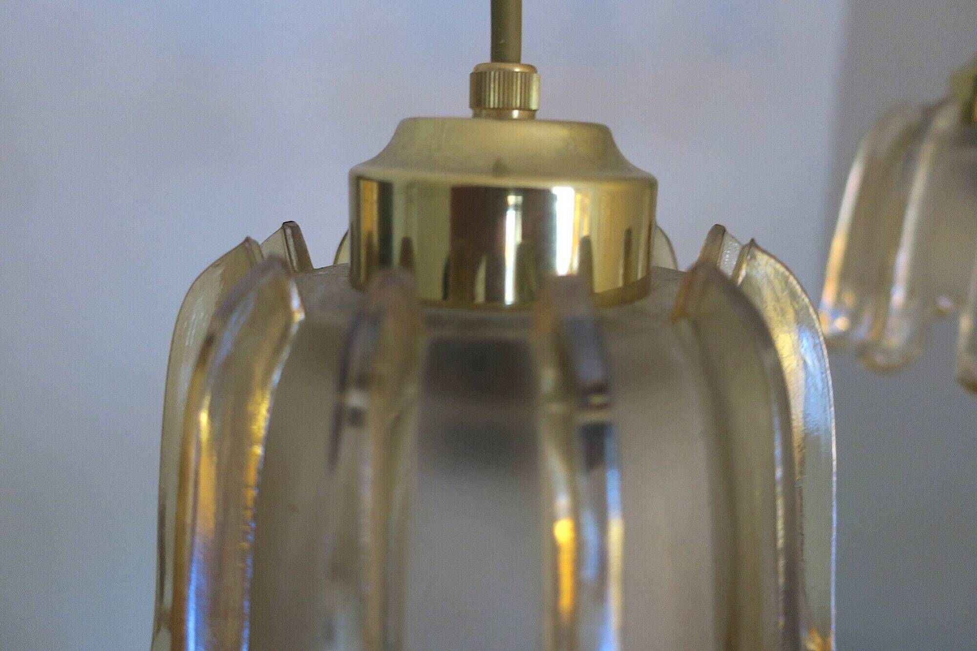 Set of 5 Doria  pendant lights in brass and amber-coloured glass, 1960s