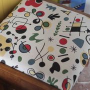 Set of 3 beech wood stools with fabric upholstery in the style of Miro.