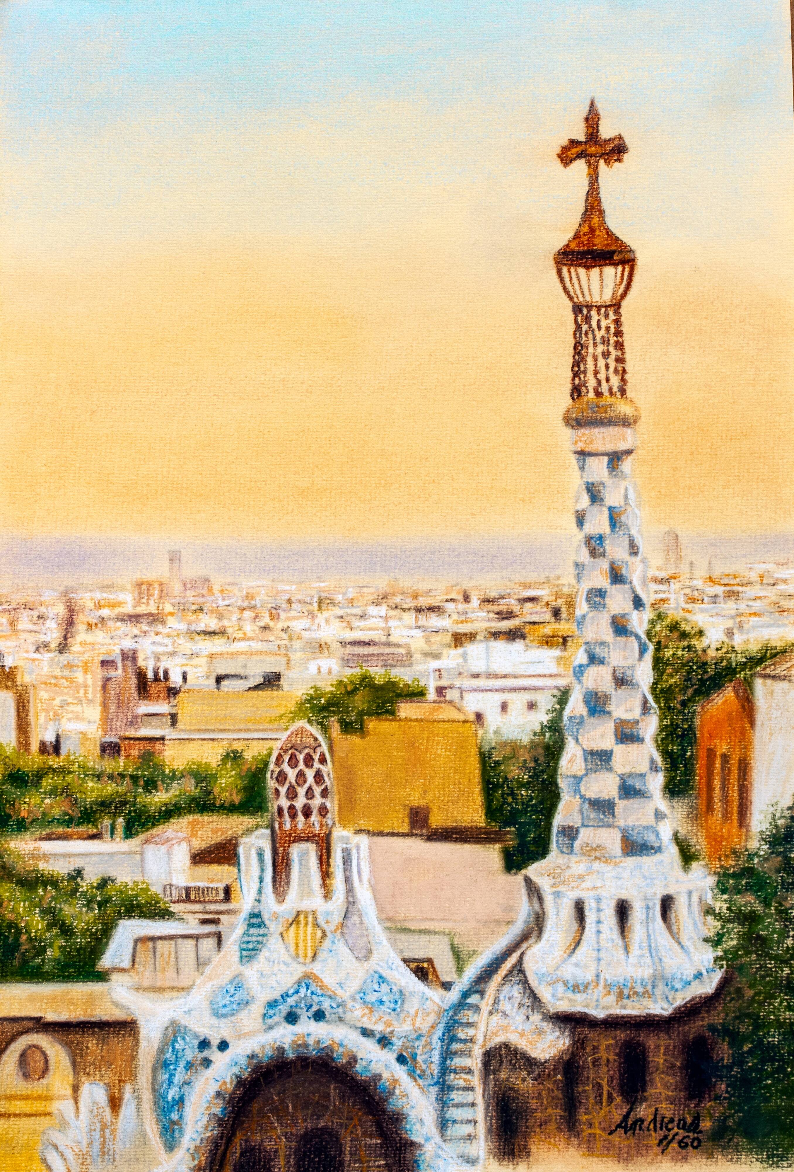Drawing of Barcelona seen from Park Guell. Barcelona drawing. Barcelona cityscape.
