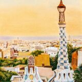 Dessin de barcelone vue du parc guell. dessin de barcelone. paysage urbain de barcelone.