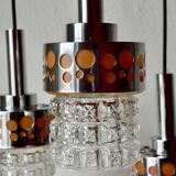 Triple vintage pendant light in molded glass, chrome metal and orange plastic - Space Age Design